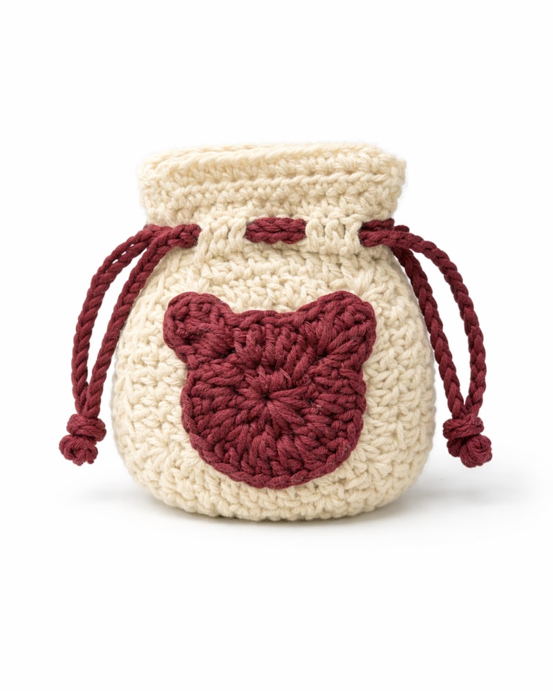 Handmade Crochet AirPods Pouch Potli | Cream + Maroon Cat Design | Drawstring Earbuds Case Cover - Image 1