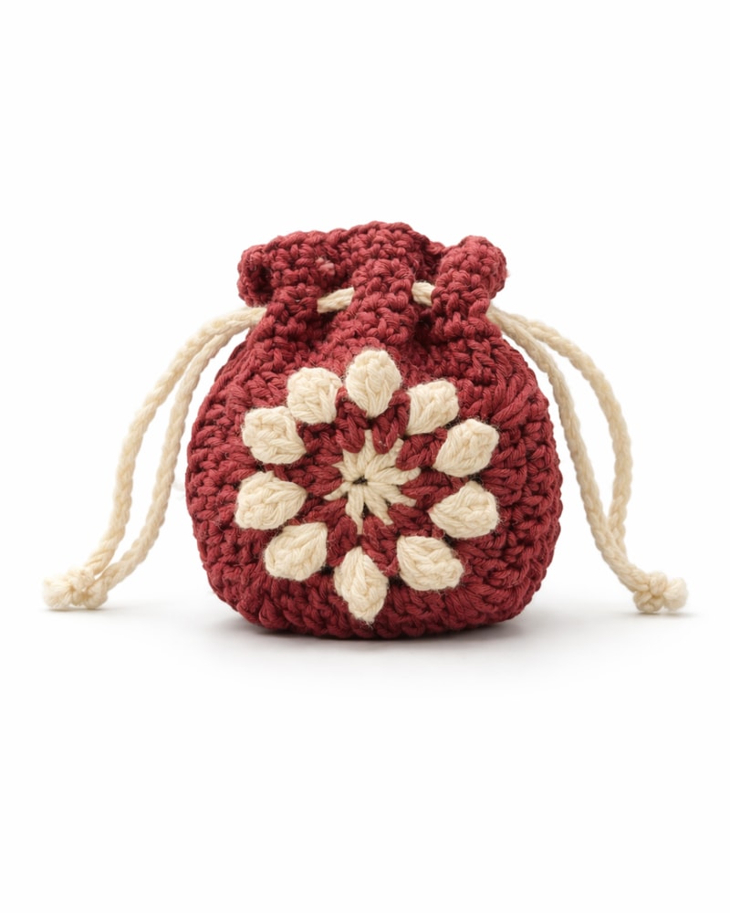 Handmade Crochet AirPods Pouch Potli | Drawstring Earbuds Case | Brown & Cream Flower | Cute Gift - Image 1