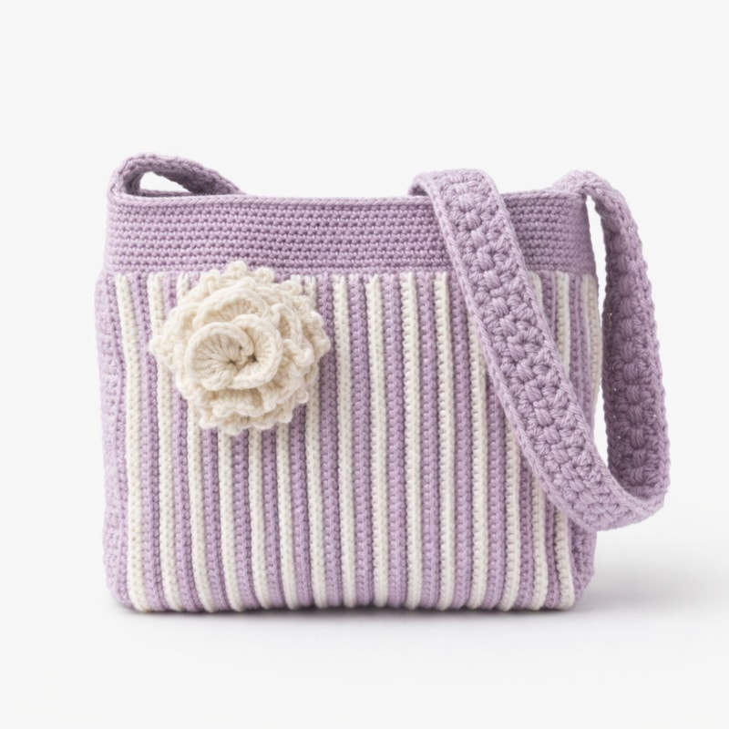 Bunaav Hand Crocheted Sling Bag, Crochet Crossbody Purse, Lavender & White Striped - Image 1